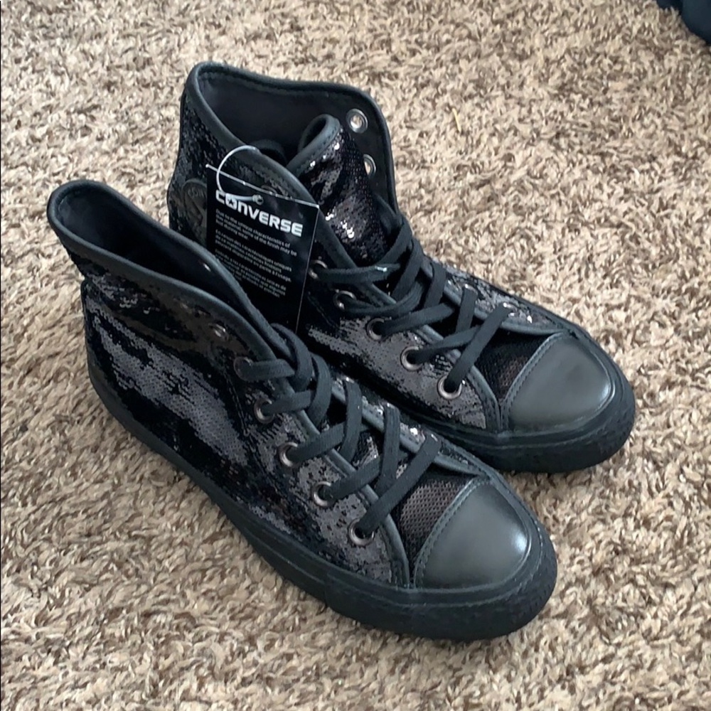 BLACK SEQUIN CONVERSE HIGH TOPS